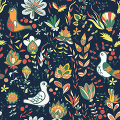 Image showing Seamless floral pattern with birds and flowers