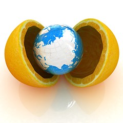 Image showing Earth and orange fruit on white background. Creative conceptual 