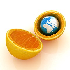 Image showing Earth and orange fruit on white background. Creative conceptual 