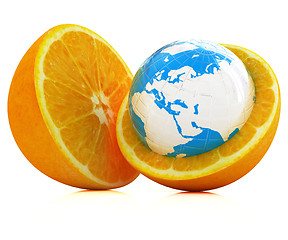 Image showing Earth on orange fruit. Creative conceptual image. 