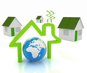 Image showing 3d green house, earth and icon house on white background 