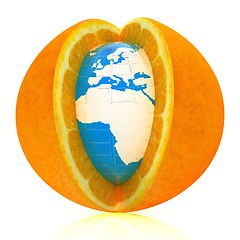 Image showing Earth on orange fruit. Creative conceptual image. 