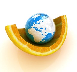 Image showing Earth and orange fruit. Creative conceptual image. 