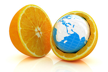 Image showing Earth on orange fruit on white background. Creative conceptual i