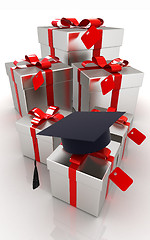 Image showing graduation hat and gifts on a white background 