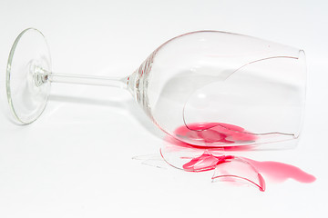 Image showing Shattered snifter glass with splattered spilt red wine