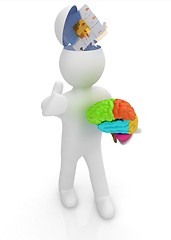 Image showing 3d people - man with half head, brain and trumb up. Idea concept