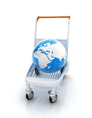 Image showing Trolley for luggage at the airport and earth. International tour