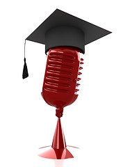 Image showing New 3d concept of education with microphone and graduation hat