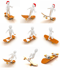 Image showing Set of 3d white person with a skate and a cap. 3d image on a whi