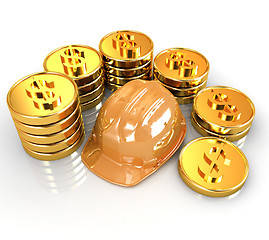 Image showing gold coin ctack around hard hat on a white background 