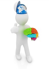 Image showing 3d people - man with half head, brain and trumb up. Traveling co
