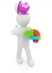 Image showing 3d people - man with half head, brain and trumb up. Love concept