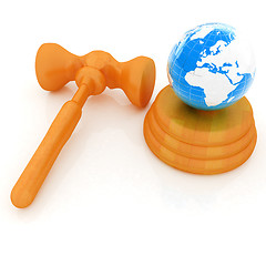 Image showing Wooden gavel and earth isolated on white background. Global auct