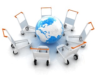 Image showing Trolley for luggage at the airport and earth. International tour