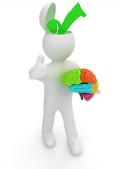 Image showing 3d people - man with half head, brain and trumb up. Choice conce