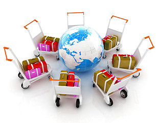 Image showing Trolley for luggage at the airport and earth. International tour