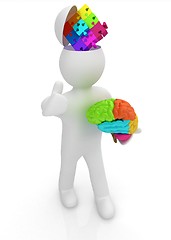 Image showing 3d people - man with half head, brain and trumb up. Idea concept