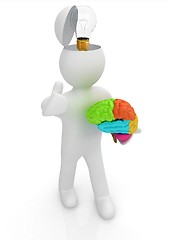 Image showing 3d people - man with half head, brain and trumb up. Idea concept