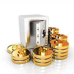 Image showing open a bank vault with a bunch of gold coins. isolated on white.