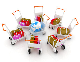 Image showing Trolley for luggage at the airport and earth. International tour