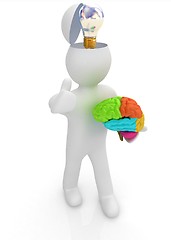 Image showing 3d people - man with half head, brain and trumb up. Idea concept
