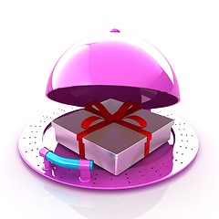 Image showing Illustration of a luxury gift on restaurant cloche on a white ba