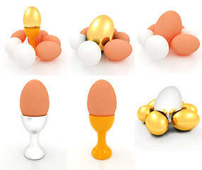 Image showing Eggs, gold easter egg and egg cups. Easter set