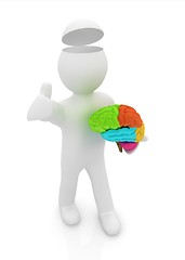 Image showing 3d people - man with half head, brain and trumb up. 