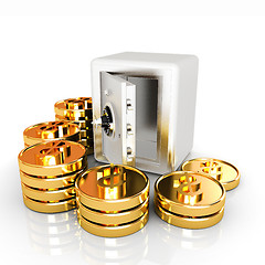 Image showing open a bank vault with a bunch of gold coins. isolated on white.