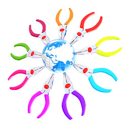 Image showing Colorful pliers to work and earth. Global tools concept