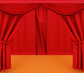 Image showing Red curtains and wooden scene floor 