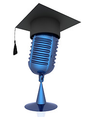 Image showing New 3d concept of education with microphone and graduation hat