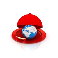 Image showing Earth globe on glossy silver dish under food cover