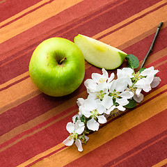 Image showing Green apple with a branch close-up