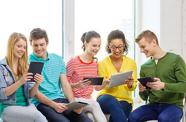 Image showing smiling students with tablet pc computer