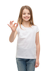 Image showing little girl in white t-shirt showing ok gesture