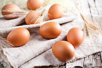 Image showing  fresh brown eggs and wheat ears