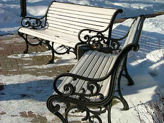 Image showing benches in the snowy park