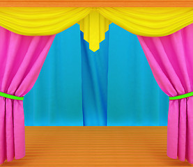 Image showing Colorfull curtains and wooden scene floor 