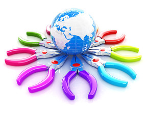 Image showing Colorful pliers to work and earth. Global tools concept