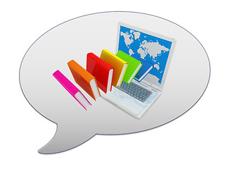 Image showing messenger window icon and Colorful books flying and laptop 