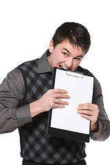Image showing Excited man with blank board