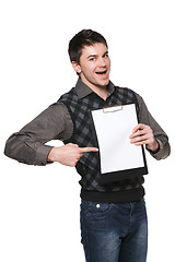 Image showing Excited man with blank board