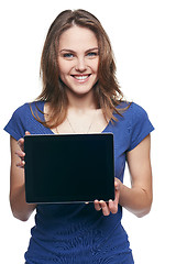 Image showing Woman showing tablet screen smiling