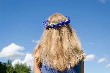 Image showing woman wavy hair and flower crown on sky background