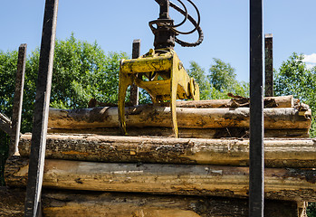 Image showing truck clippers unload cut logs piles trailer work 