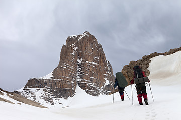 Image showing Two hikers in snowy mountains before storm