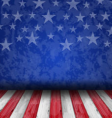 Image showing Empty wooden deck table over USA flag background