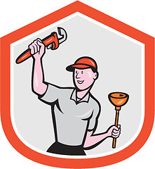 Image showing Plumber Holding Wrench Plunger Cartoon